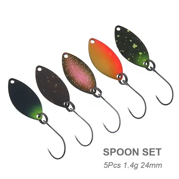 마이크로 메탈 스푼 낚시 루어 하드 미끼, 멀티 컬러 스팽글, 싱글 후크 송어 미끼, 낚시 태클, 1.4g, 24mm, 5 개/로트 