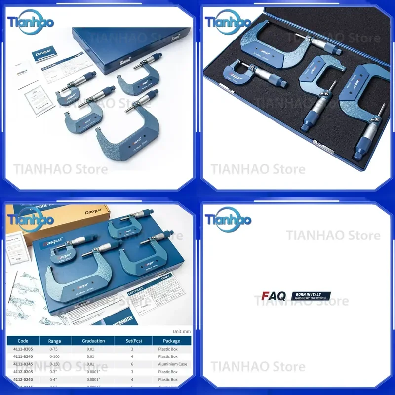 Dasqua Mechanical External Micrometer Set for 0-100mm 4pcs Including 0-25mm 25-50mm 50-75mm 75-100mm Outside Micrometers