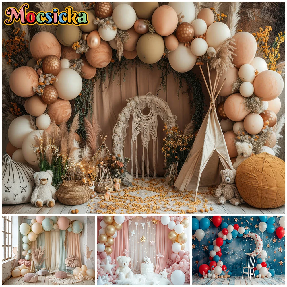 Mocsicka Birthday Background Photography Home Balloon Door Bear Photo Decoration Kid Newborn Backdrop Shooting Party Prop Studio