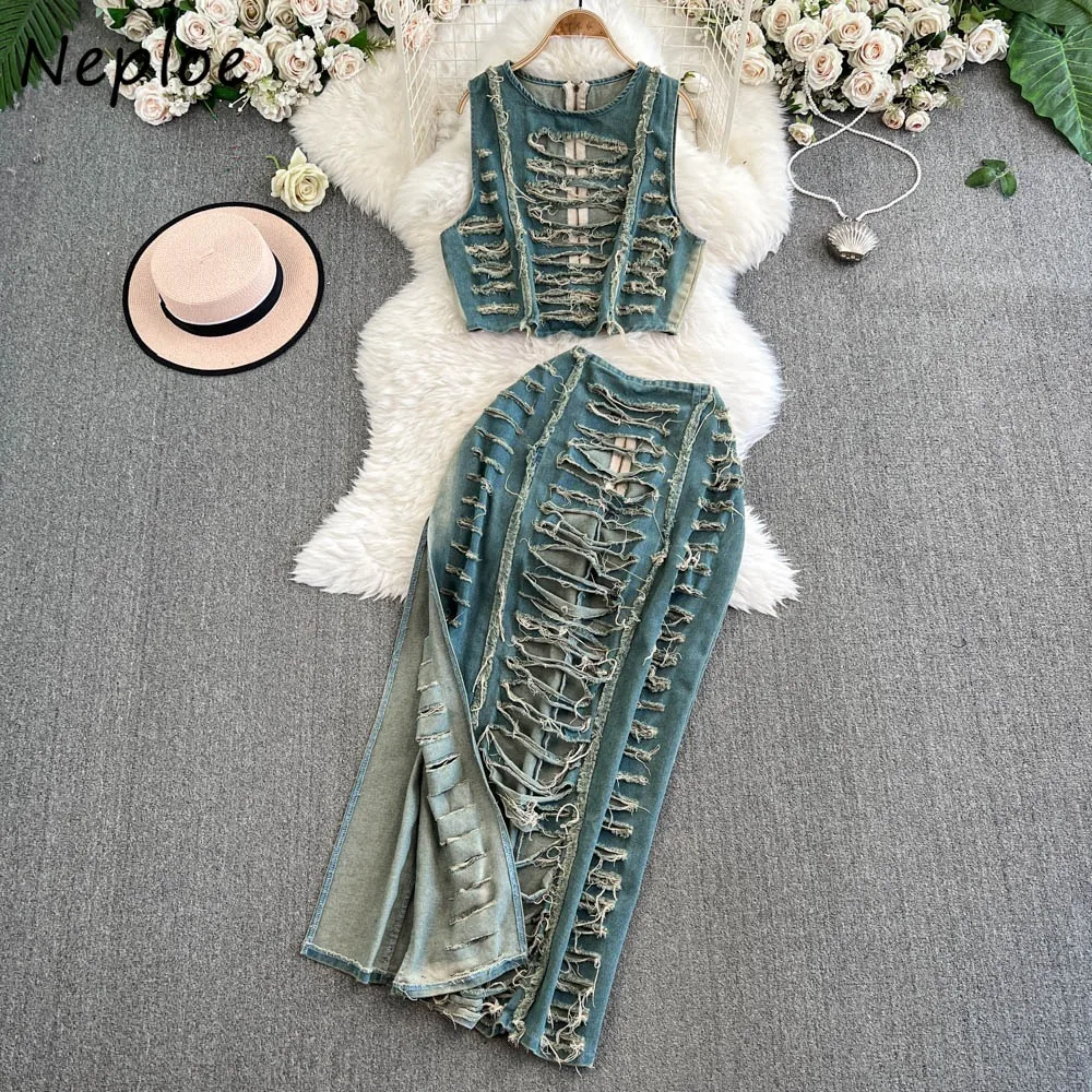 Neploe Europa scava fuori sexy set sottile gilet sfiato vita alta denim trendy streetwear gonna moda lavaggio abito stile Hong Kong