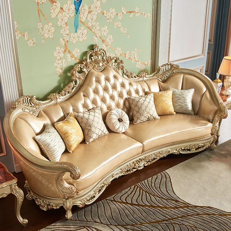 Leather sofa solid wood double-sided engraved European style