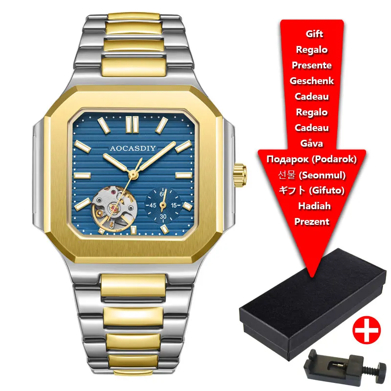 Fashion Brand Classic Hollow Square Steel Strip Men's Waterproof Automatic Mechanical Multifunctional Timing Watch