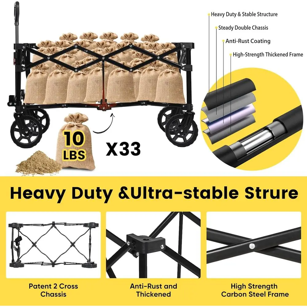 รถเข็นอเนกประสงค์พับได้สำหรับทุกพื้นผิว ล้อใหญ่ รับน้ำหนักได้ 330 ปอนด์ สีน้ำเงินและสีเทา พร้อมที่วางของ