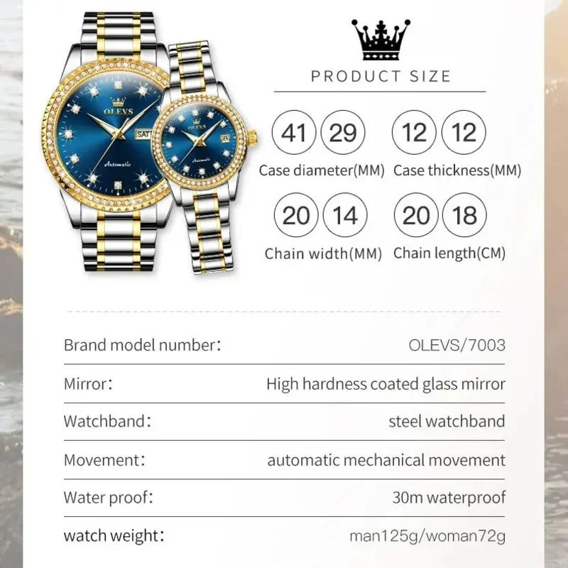 OLEVS 7003 Couple Watch Luxury Automatic Mechanical Watch Waterproof Men Women Watch Watch His Her Lover