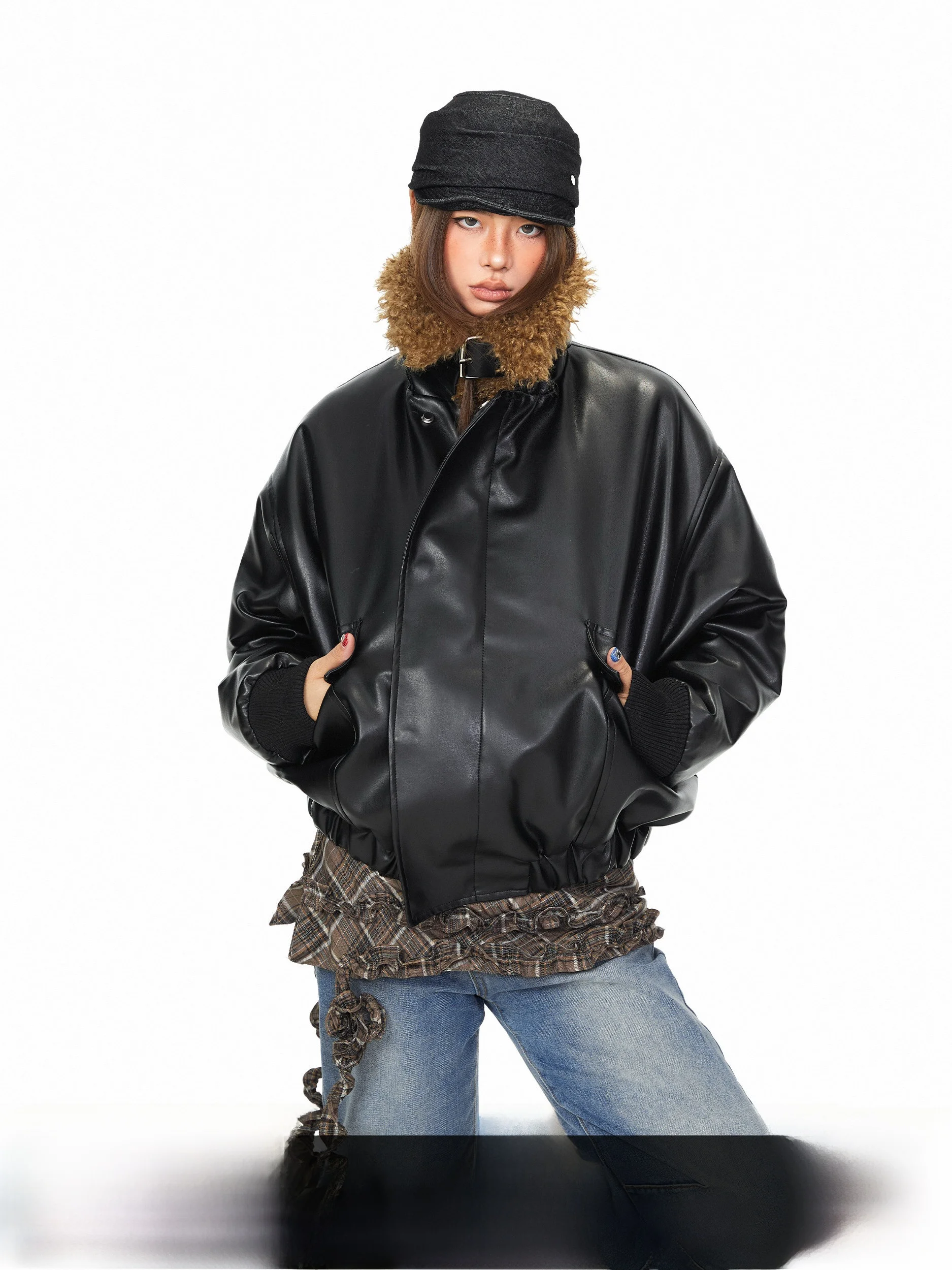 

Кожаная куртка Blabb с воротником из овчины, утепленная хлопковая жилетка, осенне-зимняя свободная мотоциклетная куртка в американском стиле