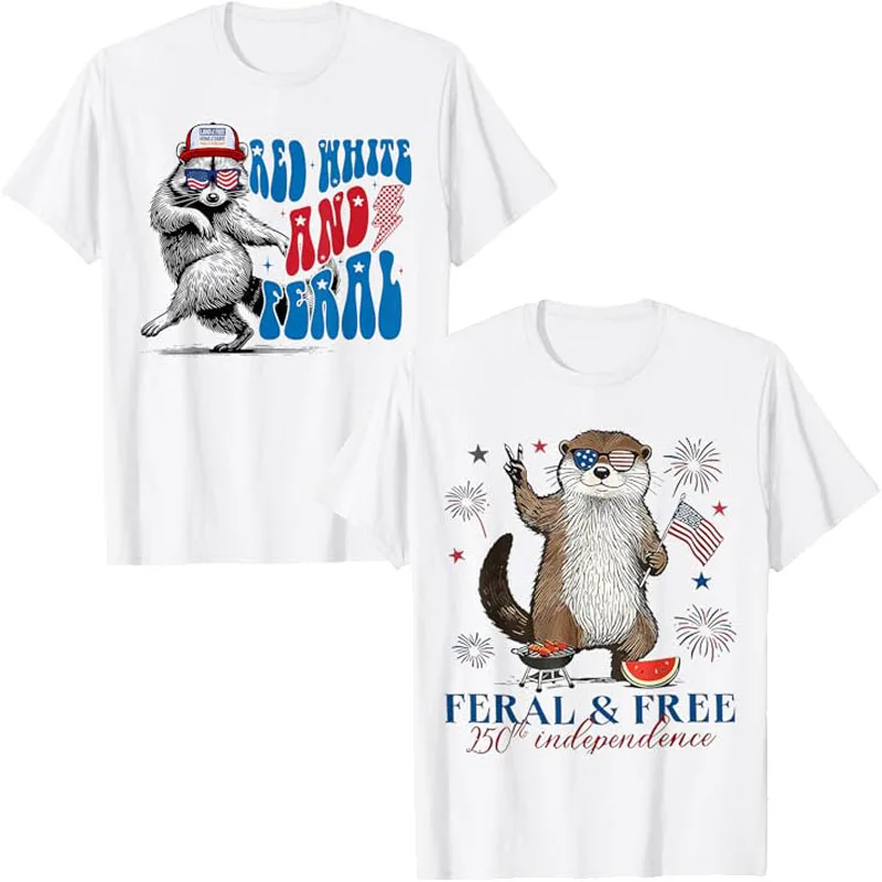 250th Independence 4th of July Shirt Feral and Free Otter T-Shirt Red White and Feral Raccoon 4th of July Clothes Proud USA Tee