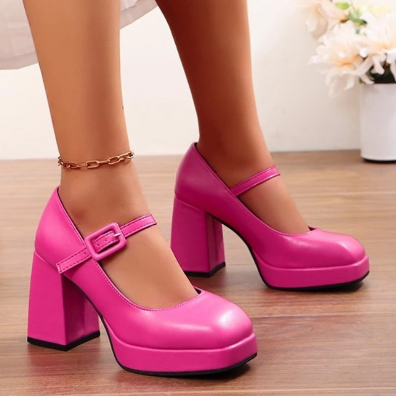 2024 Design Buckle Pumps Thick Heels HIgh Heels for Lady Mary Jane Shoes Platform Waterprof JK Punk Shoes Footwear Square Heel