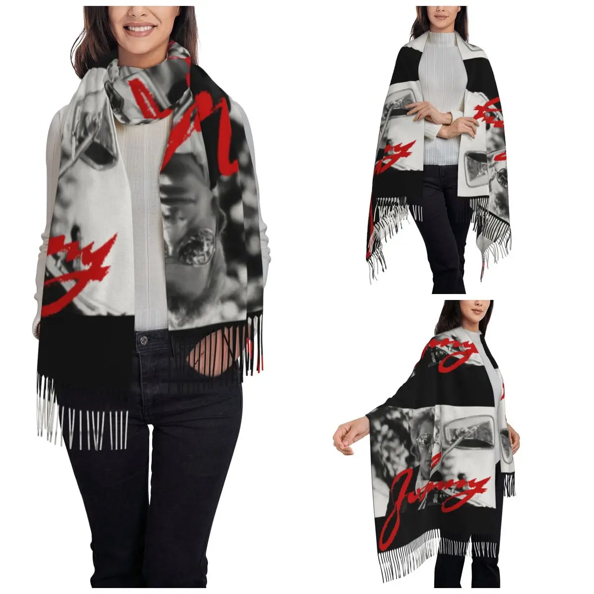 Retro Vintage Johnny Hallyday Shawl Wraps Women Winter Large Long Scarf Rocker Tribute Pashmina Tassel Scarves