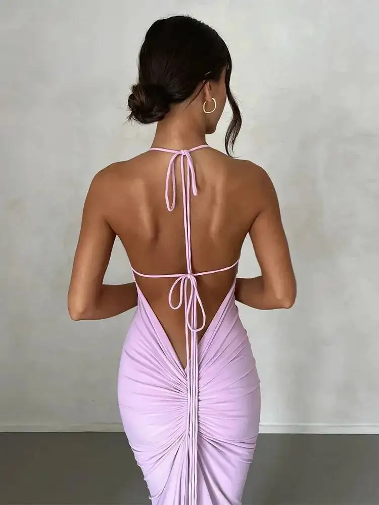 حزام مثير عارية الذراعين فستان ماكسي ملابس النساء أنيقة عيد ميلاد فيستدو الصيف نادي الحفلات Ruched فساتين الوردي بلوزات على الموضة