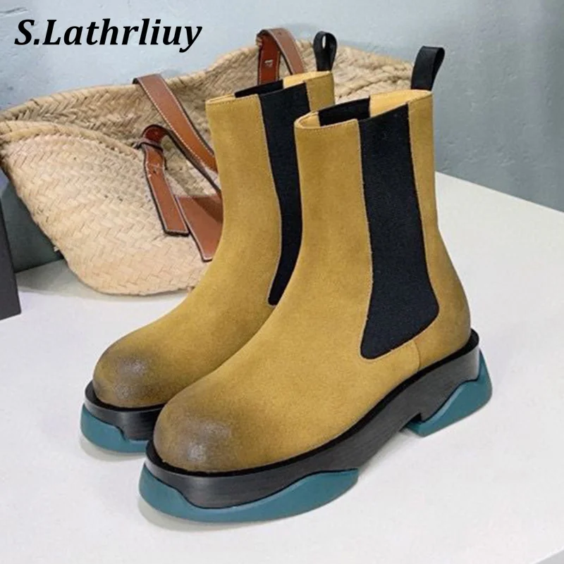 

Real Leather Thick Bottom Short Boots Women's Round Toe Platform Elastic Band Ankle Botas Autumn Winter British Style Flat Shoes