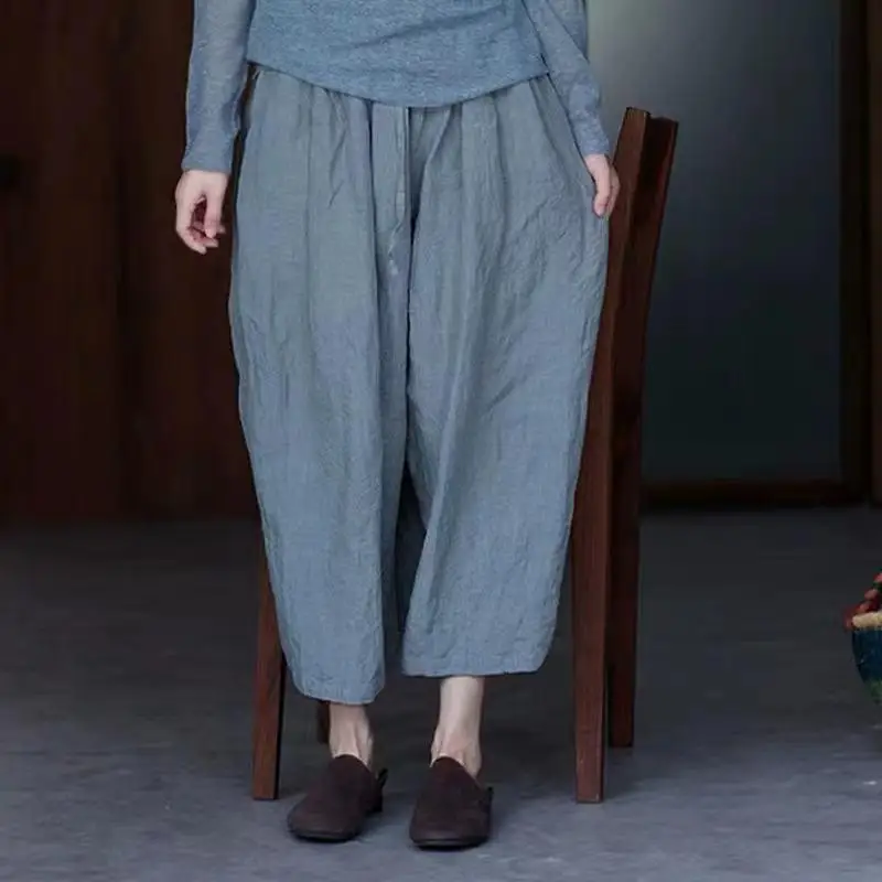 New Arrival Arts Style Spring Summer Women Elastic Waist Loose Length Pants High Quality Ramie Vintage Casual Harem Pants 521