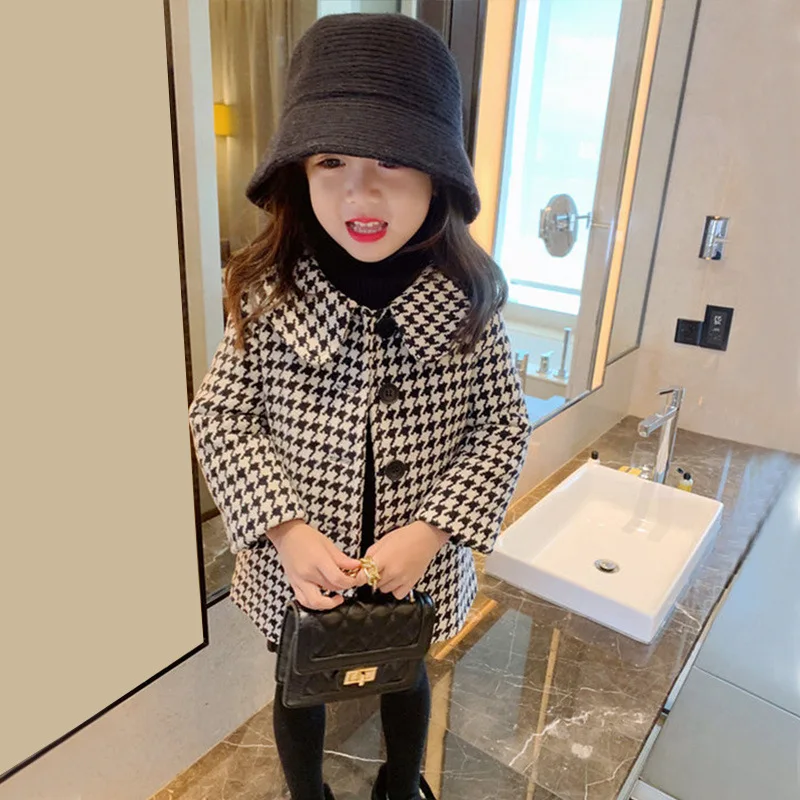 2024 spring and autumn children's coat in the long thousand birds extra set trench coat 2024 loose tweed coat