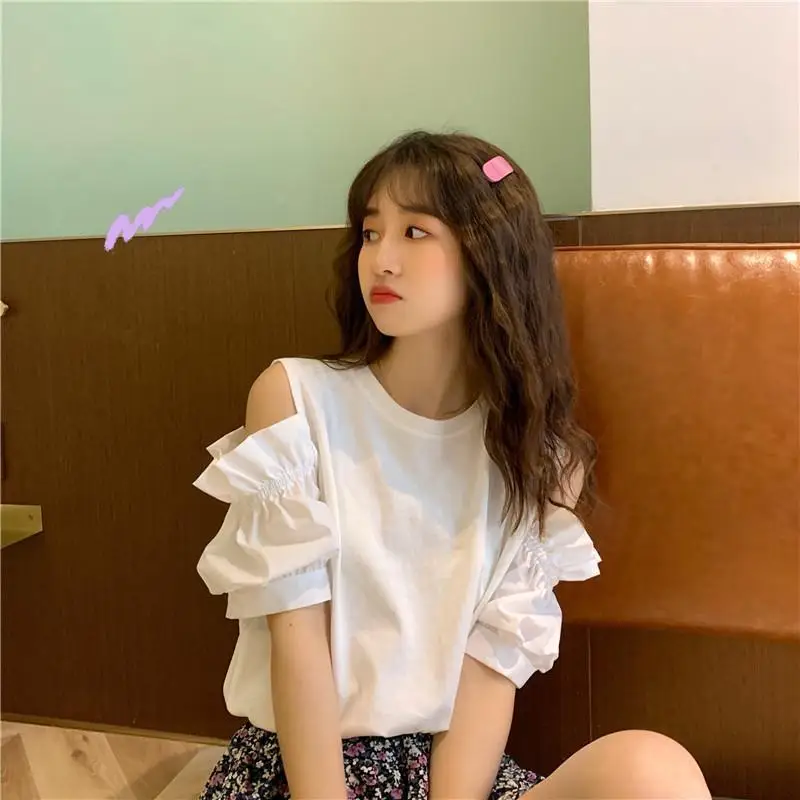 Women Summer Fashion Loose Strapless Solid Color O-neck Short Sleeve T-Shirt Women Clothes Casual All-match Hollow Out Top Tee