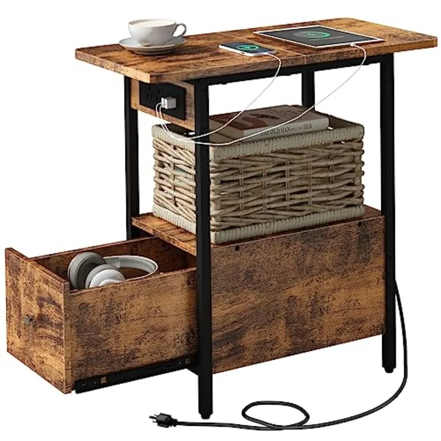 

End Table with Charging Station Narrow Side Table with Drawer and USB Ports and Power Outlets Nightstand Bedside Tables for Sma