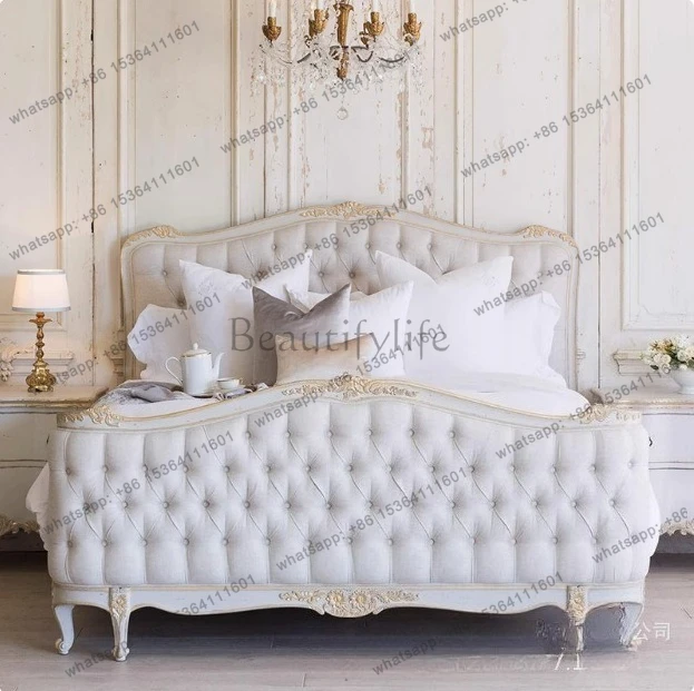 French solid wood double master bedroom carved bed European retro American country bed