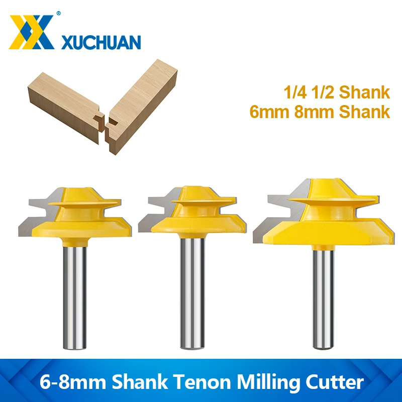 XUCHUAN 1PCS 45 Degree Lock Miter Router Bit 8mm Shank Tenon Milling Cutter For Woodworking Tool Slotting Trimming Machine Tool