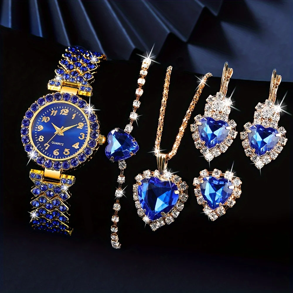 Luxury Sapphire Color Love Stone Bling Combo Watch Set For Evening Party Gift