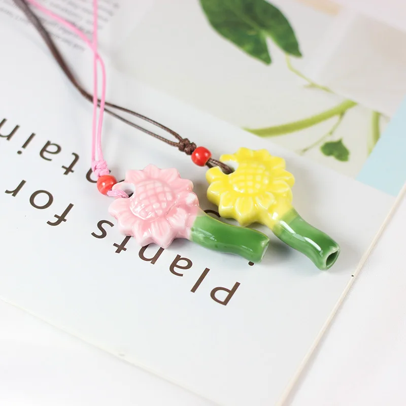 Cute Sunflower Flower Ceramics Urgent Survival Whistle Necklace Rotatable Sport Activity Club Gift Sweater Chain Jewelry Pendant