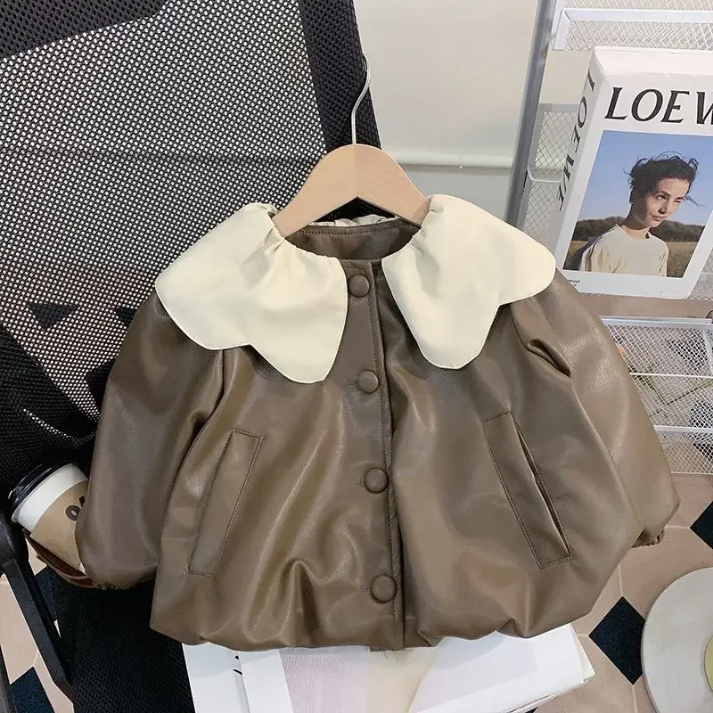 Girls Faux Leather Jacket Trendy Autumn Spring Coat for Kids Fashionable Cropped Biker Jacket for Toddler Girls