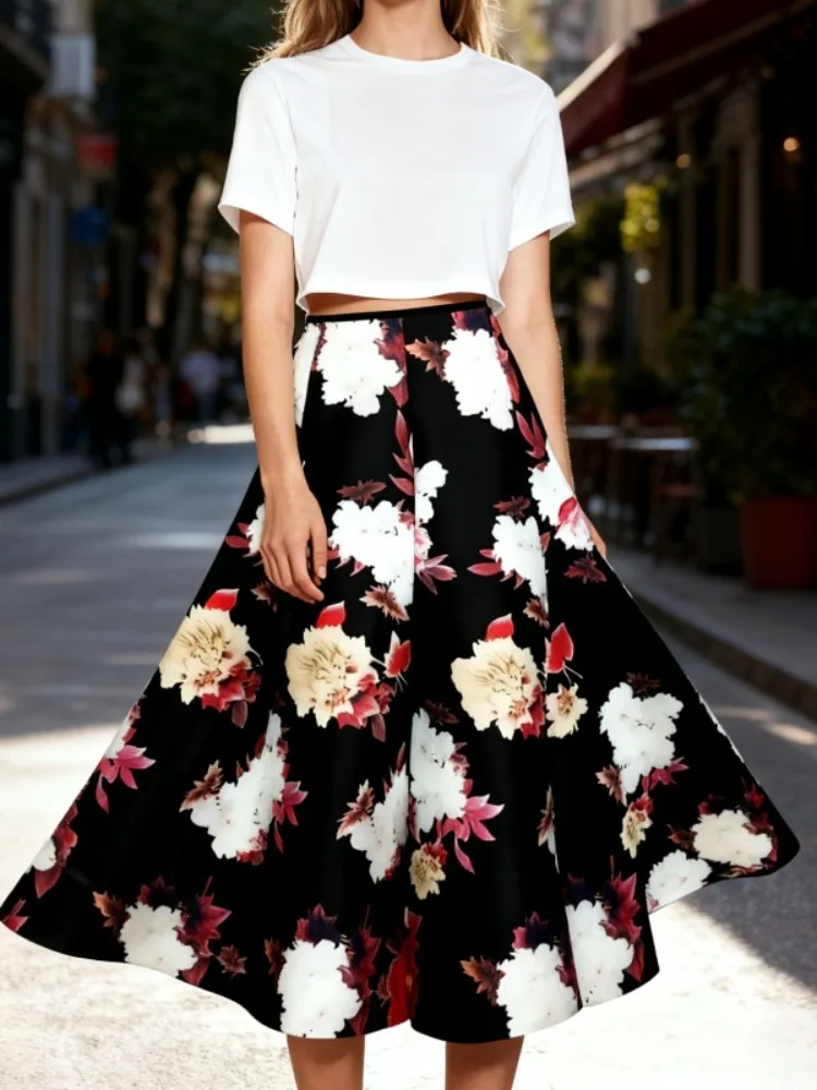 

Uoozee женские элегантные макси-юбки трапециевидной формы с высокой талией и цветочным принтом, свободные повседневные нарядные длинные юбки для летних каникул