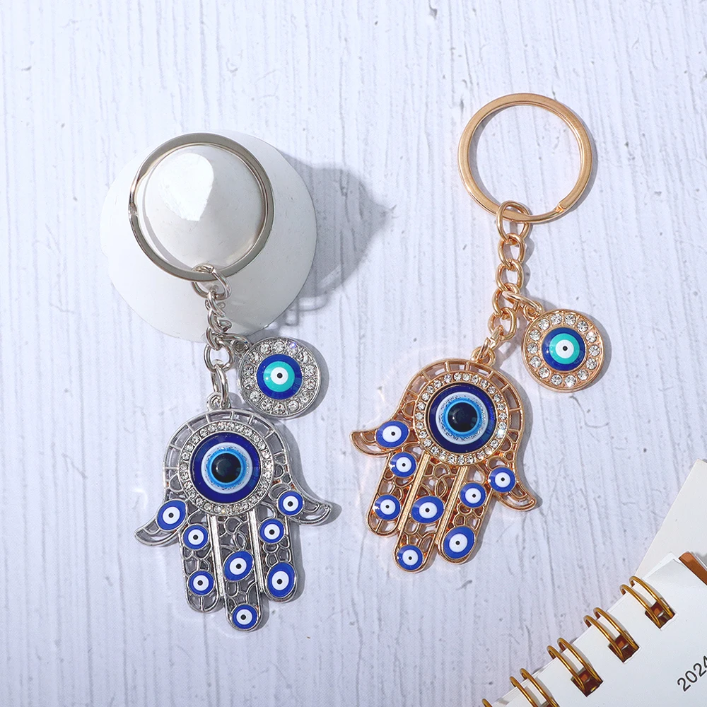 

Vintage Hand-Shaped Evil Eyes Keychains Exquisite Rhinestone Alloy Keyrings for Women Men's Car Key Holder Fashion Accessories