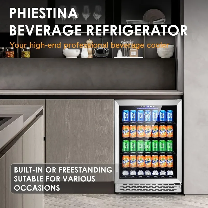 Beverage Refrigerator Cooler Free Standing Wine Beverage Fridge, with Glass Door Under Counter Beer Refrigerator for All Drink.