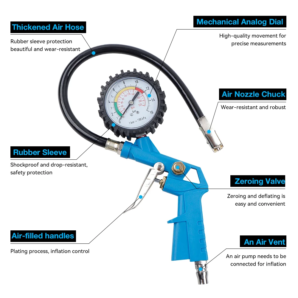 Pistolet de pression de pneu bleu, pistolet de pression de pneu de voiture professionnel 3 en 1,pistolet de pression de pneu 0-16 Bar/0-220 Psi,outil pneumatique domestique, interface EU/JP en option, adapté aux pneus