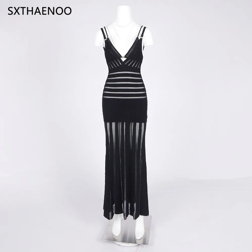 SXTHAENOO Moda sexy scollo a V profondo maglia trasparente patchwork fasciatura pista backless discoteca abito da festa lungo con reggiseno staccato2025