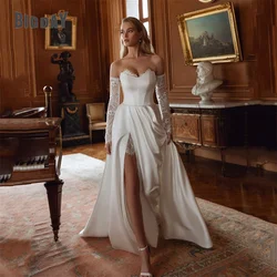 Classic A-Line Wedding Dress 2025 Satin Lace Long Sleeve Sweetheart Slit Pleat Open Back Bridal Gown Vestido De Noiva Customized
