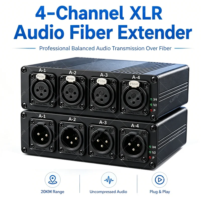 4-channel Unidirectional Balanced XLR Audio Transmission, One Transmitter + One Receiver Set, 4 XLR Input & 4 XLR Output Ports