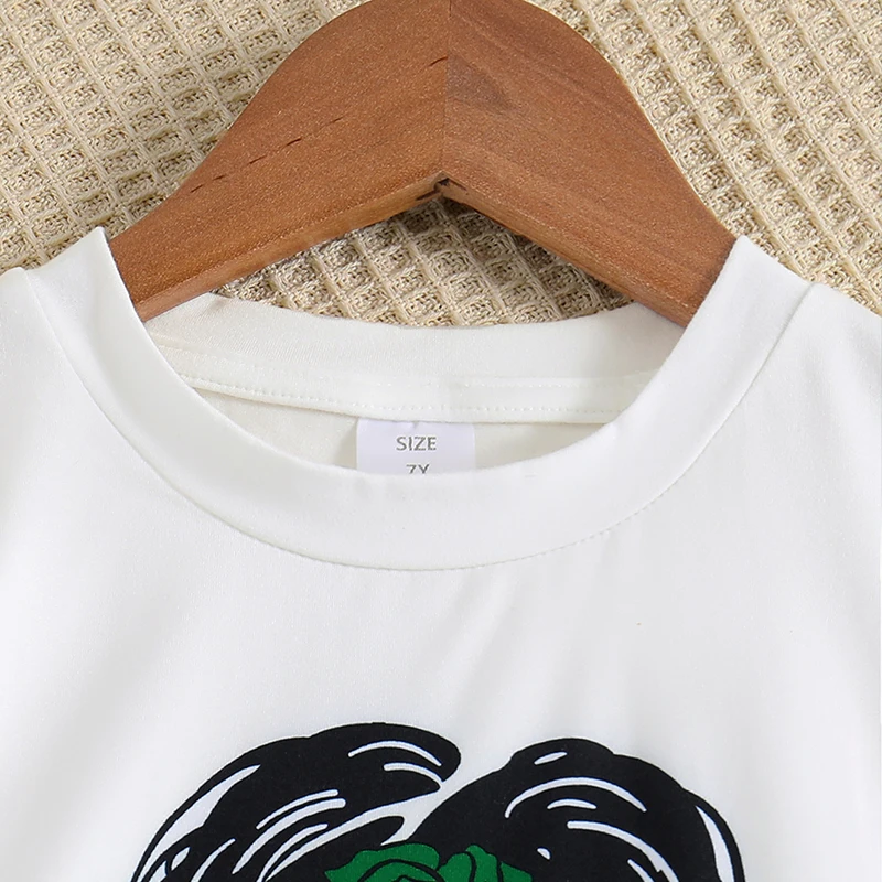 2pcs Girl Fashion Minimalist Cartoon Print Breathable round Neck Knit Top Summer Thin Wide Leg Pants Set image 3