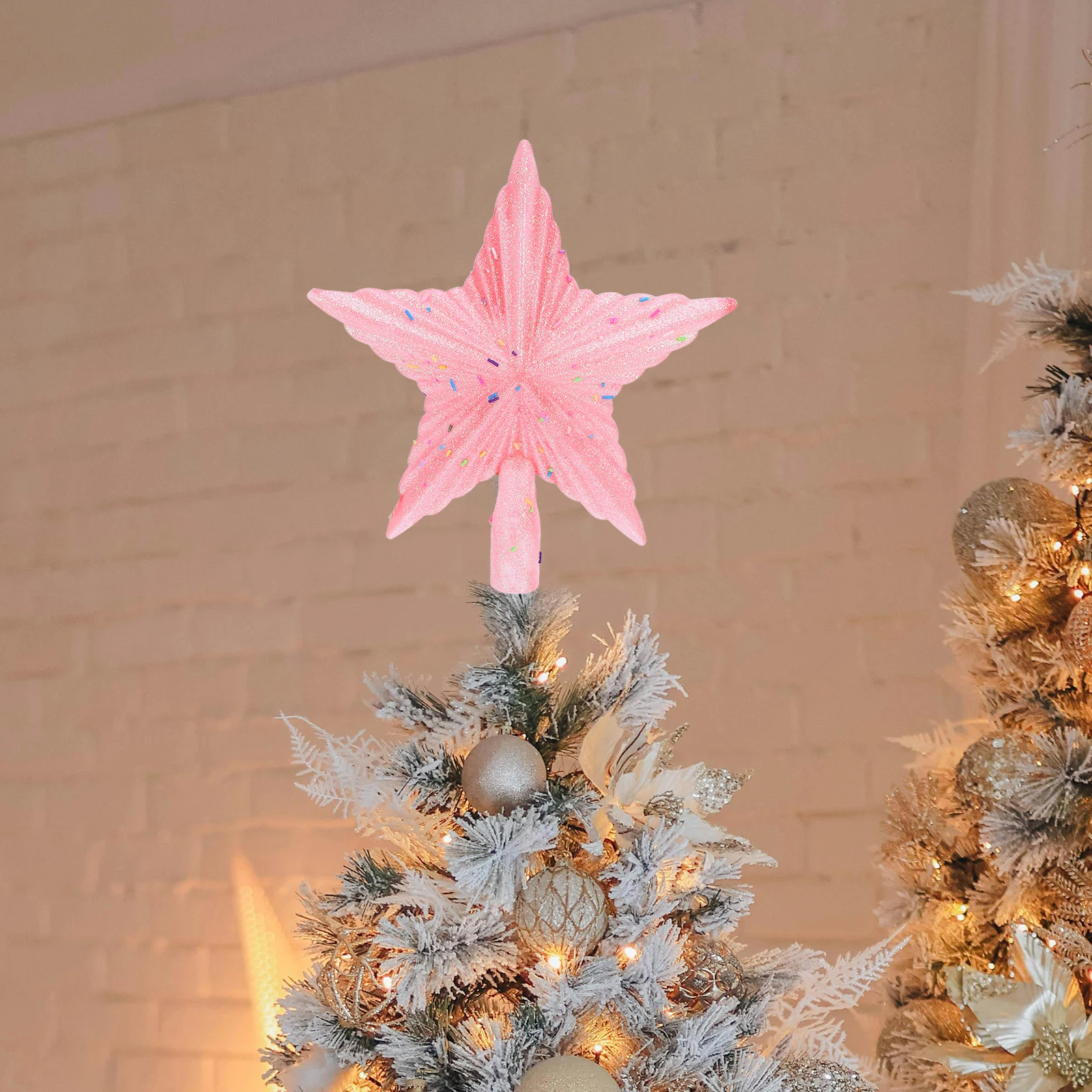 

8 Inch Pink Glitter Christmas Tree Topper Plastic Shatterproof Waterproof Finial Star For Holiday Party Decorations Xmas Treetop