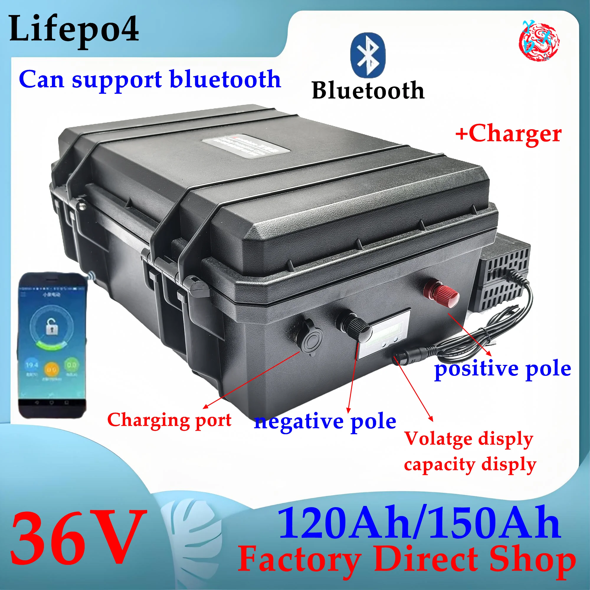 36V 120Ah 150AH lifepo4 lithium battery bluetooth BMS APP for 4000w go cart bike scooter boat golf cart +10A Charger