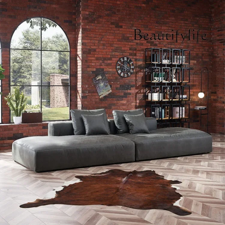 H X Nordic Latex Leather Sofa Large Apartment Modern Simple Living Room Sofa Module Super Deep Sitting Wide Retro Straight Sofa