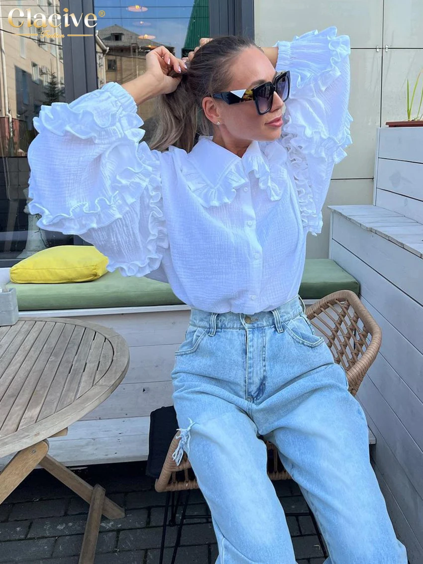 Clacive Fashion White Cotton Woman Blouse 2023 Elegant Lapel Long Sleeve Office Shirts Casual Chic Ruffle Solid Blusa Top Female