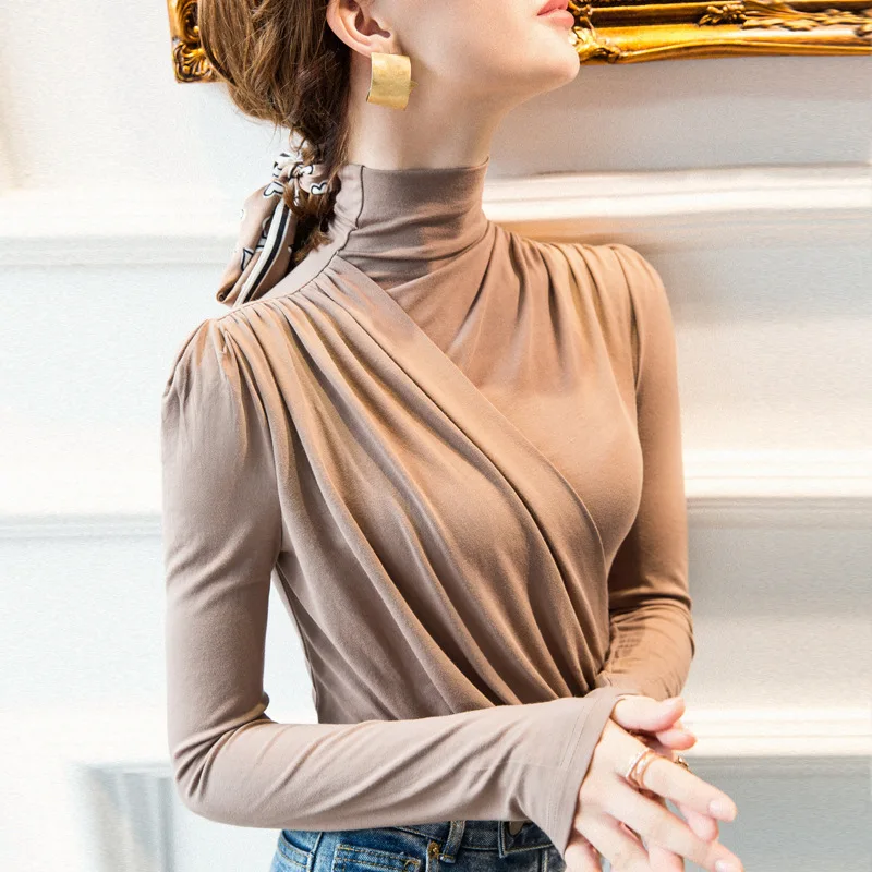 المرأة عادية سماكة قميص دافئ أنيق مكتب بأكمام طويلة تي شيرت وهمية الرقبة المرأة قاع القمم 2024 الخريف الشتاء