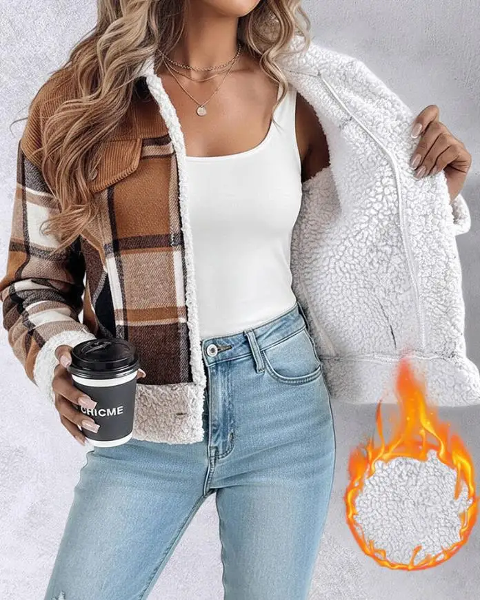 

Retro Plaid Printed Corduroy Patchwork Button Front Warm Jacket Casual Faux Wool Trimmed Warm Jacket