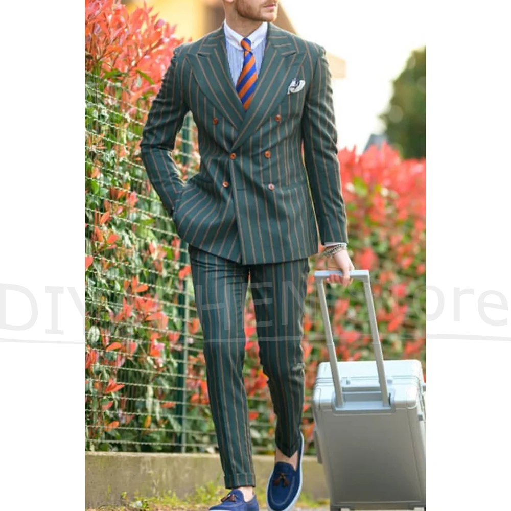 

Men's Striped Double Breasted Suit Set Stylish Two Piece Peak Lapel Jacket and Pants Business Wedding Formal Fashion Male Suit