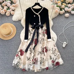 Retro Elegant Knit Patchwork Embroidery Mesh Dress A-line Lace Up Long Sleeve Casual High Waist Dress Women Ceremonial Dress