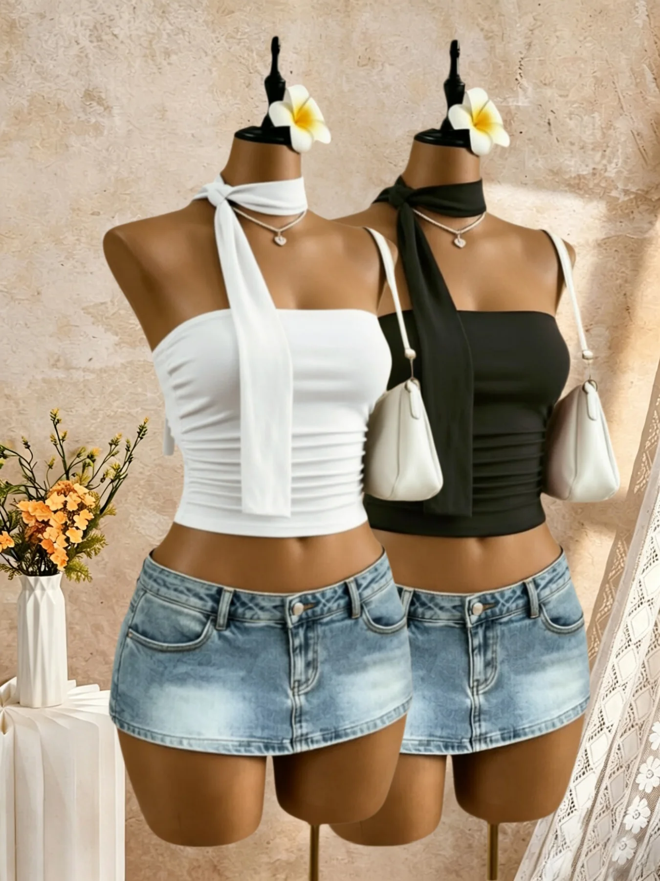 2 Pack Multi-color Women One Side Long Tie Halter Bandeau Top Side Ruched Slim Fit Cropped Sleeveless Cami Top 2026 Summer Elega