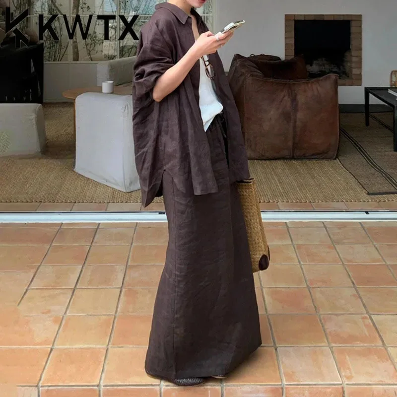 

KWTX Женская льняная рубашка из двух предметов и юбка с завязками на талии Шоколадная элегантная роскошная дизайнерская свободная посадка с лацканами весна-лето 2025