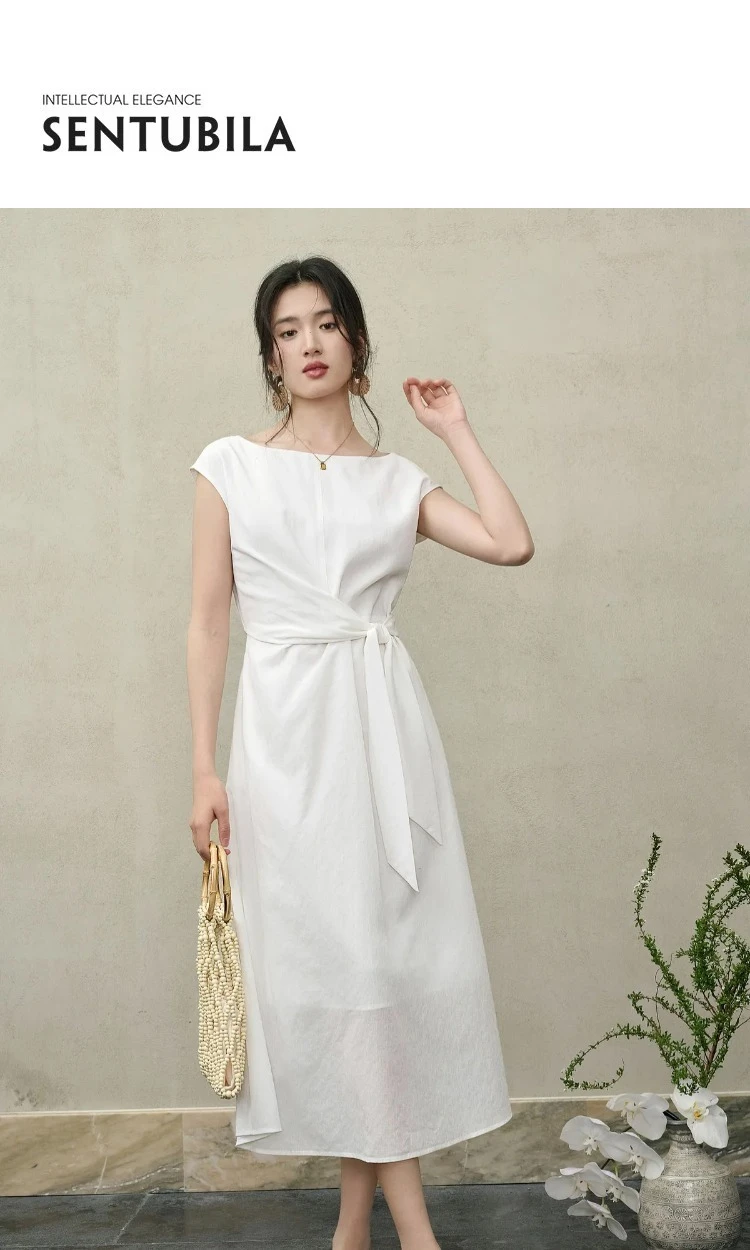 SENTUBILA Damen Weißes Freizeitkleid im A-Linien-Schnitt 2026 Neues Elegantes Bürokleid mit U-Ausschnitt, Taillenband und Raglan-Kurzärmeln 162LI6088 – Detail 3
