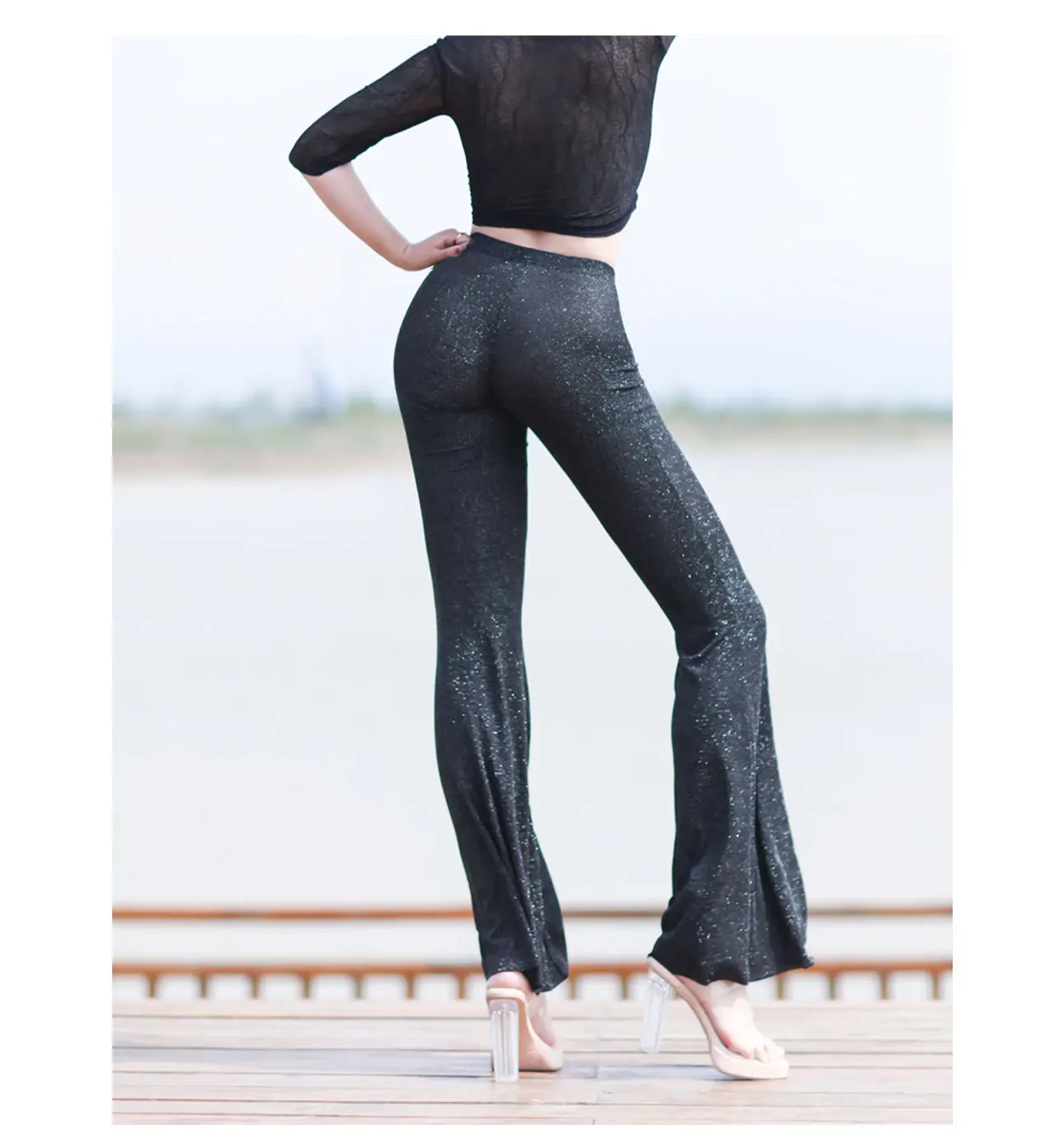 Women Lady Sexy Flared Pants Customized High Waist Shiny Silk Slim Trousers Drape Stretchy