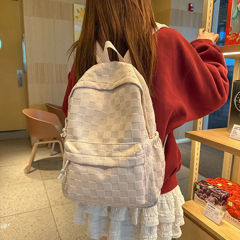 Women Plaid Texture Backpack Casual Large Capacity Student Schoolbag Simple Lightweight Travel Daypack Girls Laptop Rucksack