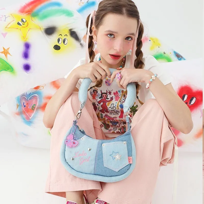 

JIAERDI Hot Girl Blue Denim Underarm Bag Womens Retro Harajuku Star Sweet Cute Handbag Ladies Patchwork Shoulder Purse Y2k 2025
