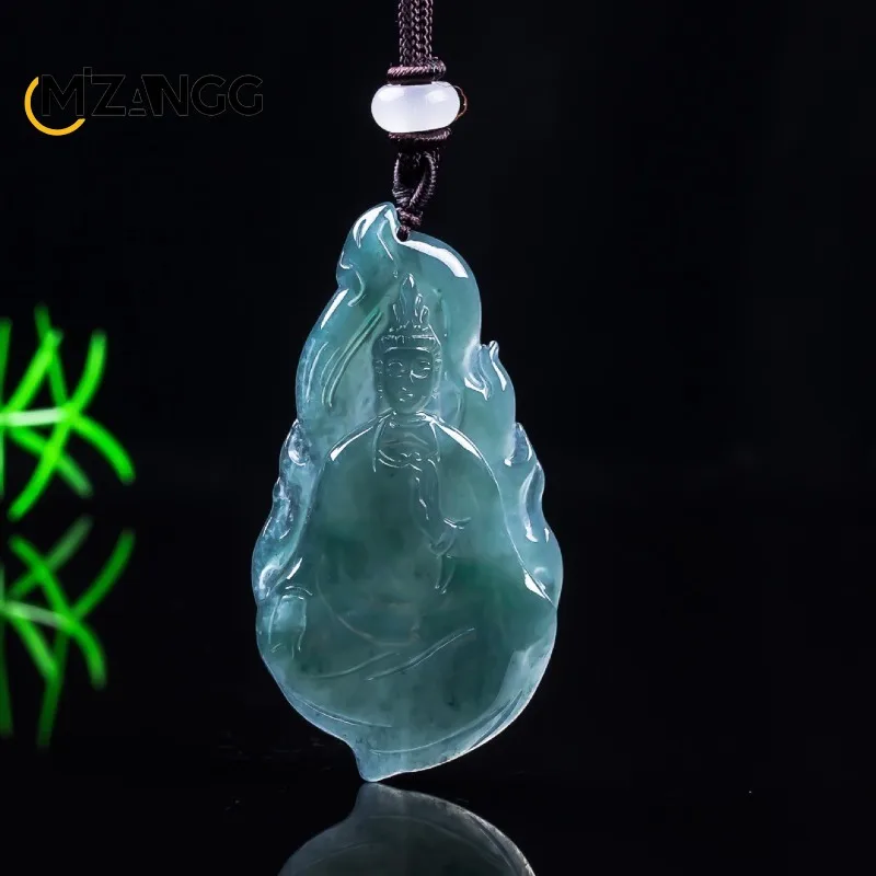 

Natural Grade A Jadeite “Blue Water” Pure-Bottle Guanyin Pendant: High-End, Charming Ice-Type Jade Necklace Unisex Holiday Gift
