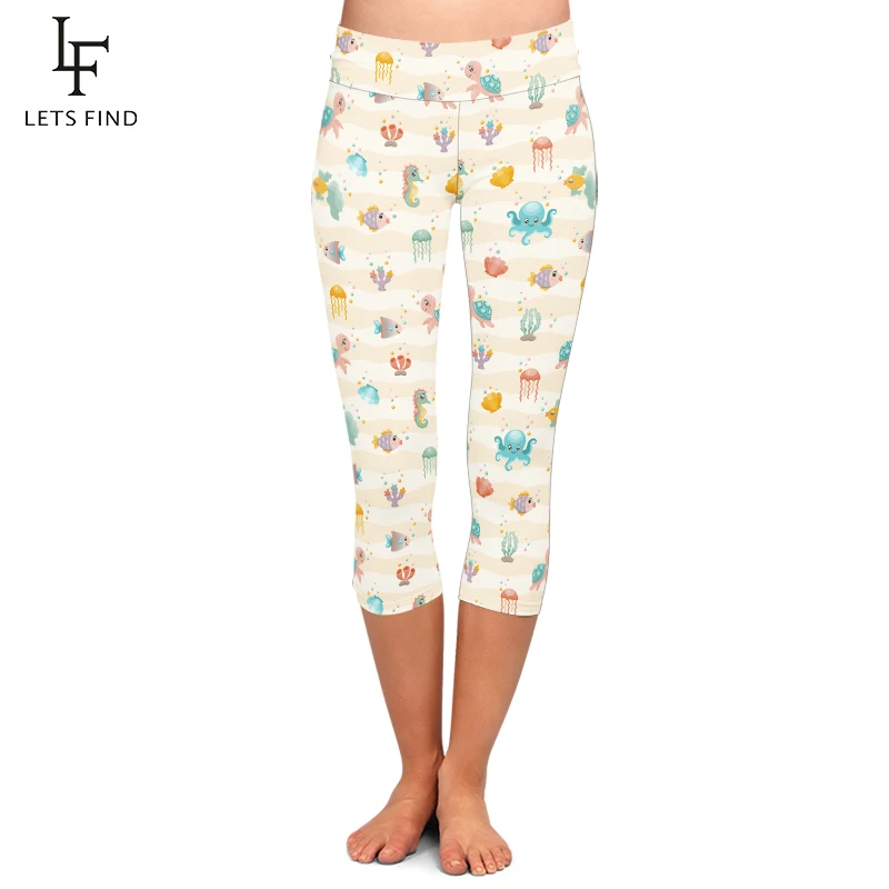 LETSFIND Summer High Waist Women Fitness Elastic Capri Legging 3D Marine Animals Print Girls Sexy Stretch Mid-Calf 3/4 Pants