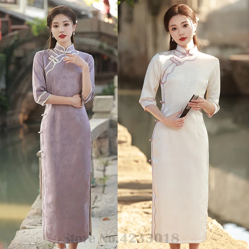 

Women's Elegant Temperament Qipao Sexy Slim Fit Traditional Dress Autumn Long Cheongsam Mandarin Collar Vintage Button Vestidos