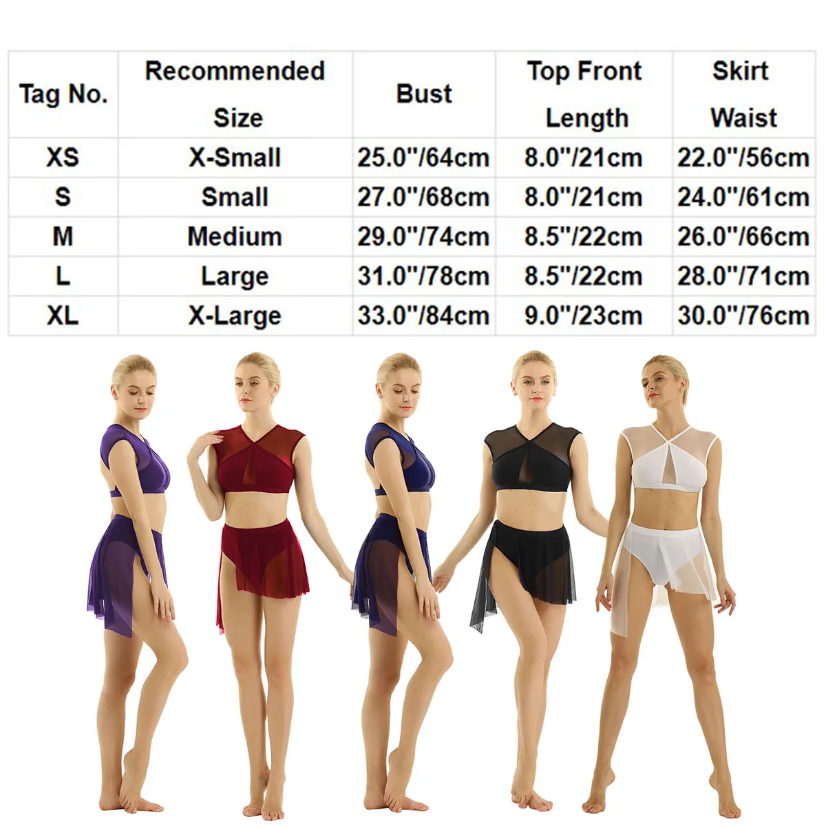 Women Ballet Dress Backless Asymmetrical Mesh Splice Crop Top with Leotard Skirt Dancewear Set Contemporary Lyrical Dance Dress