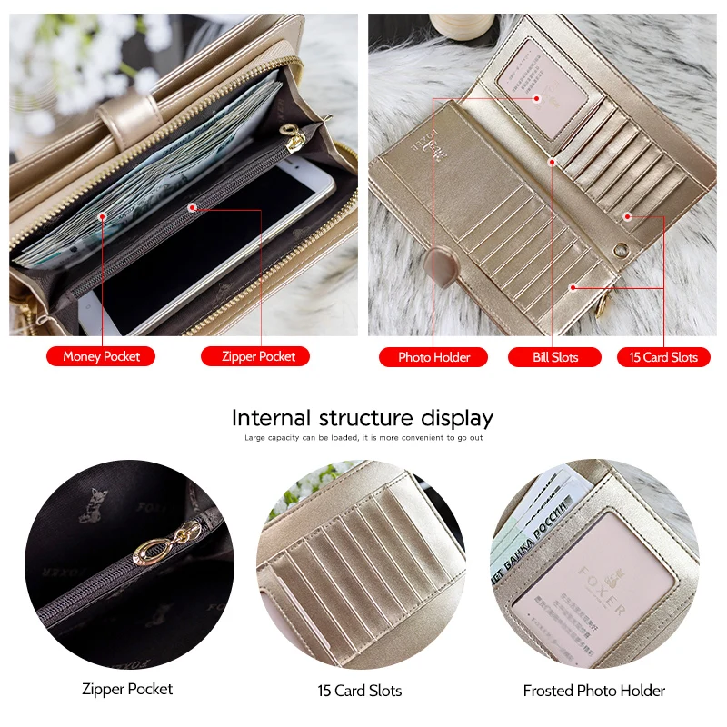 FOXER Split Leather Women\'s Long Wallet Embossed Pattern Phone Purse Lady Multi-Card Holder Clutch Purse with Wrist Strap